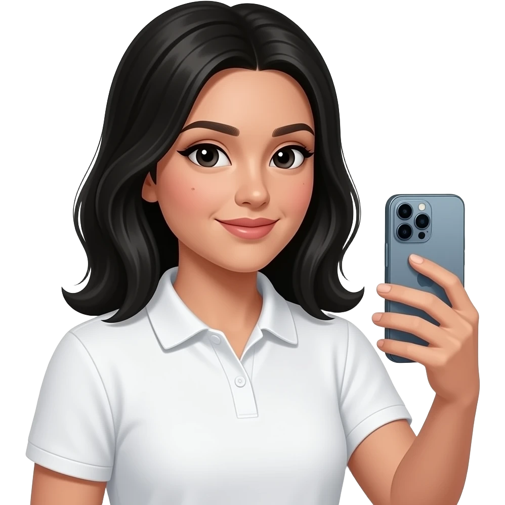 Mujer con cabello largo negro lacio con ligeras ondas, de piel normal NO morena, es importante con un lunar en el cachete derecho, con ojos negros, grabandose a ella misma y mirando el iphone 15 pro y una mackbook a su lado, con polo blanco NO CAMISA, que no mire de frente emoji