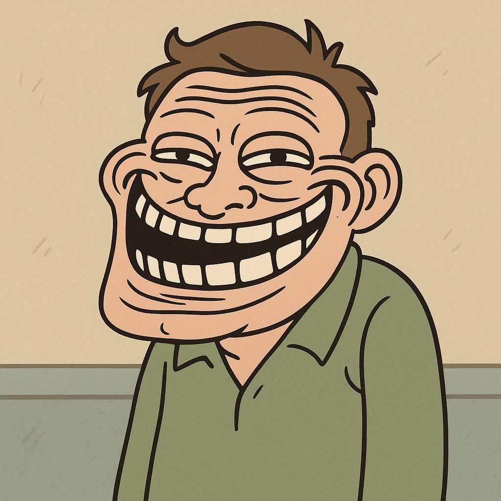 troll face cartoon style, exaggerated grin, high contrast emoji
