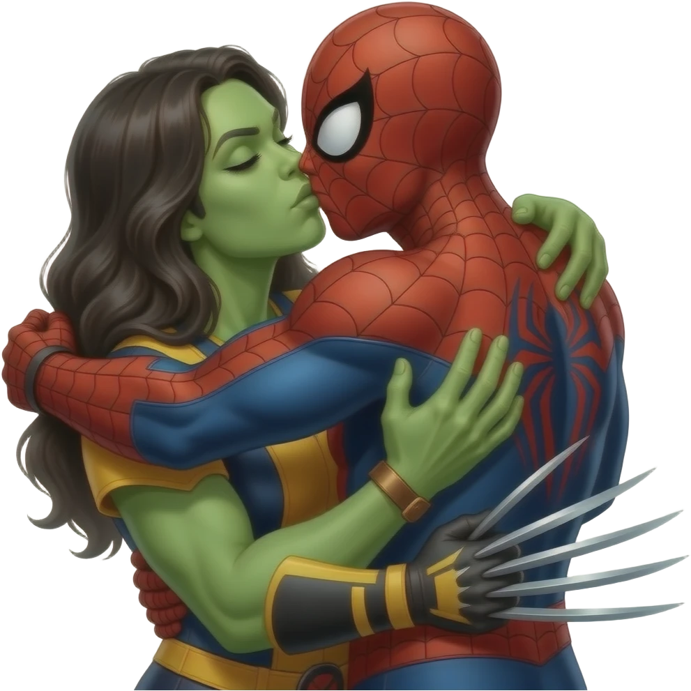 Spider man and hulk woman kiss kiss creepy. wolverine hugging hulk woman from behind emoji