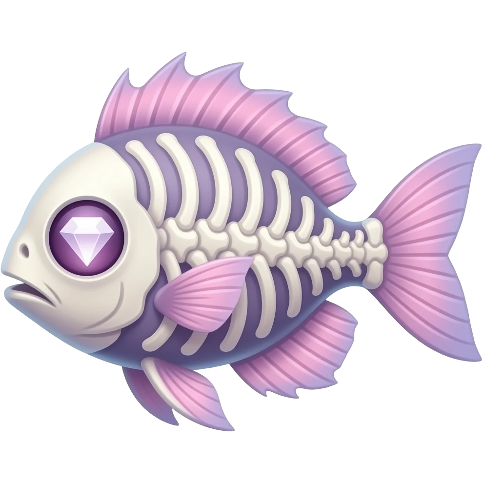 one fish, skeleton, white diamond glow eye, ethereal, punk, pastel pink, pastel purple emoji