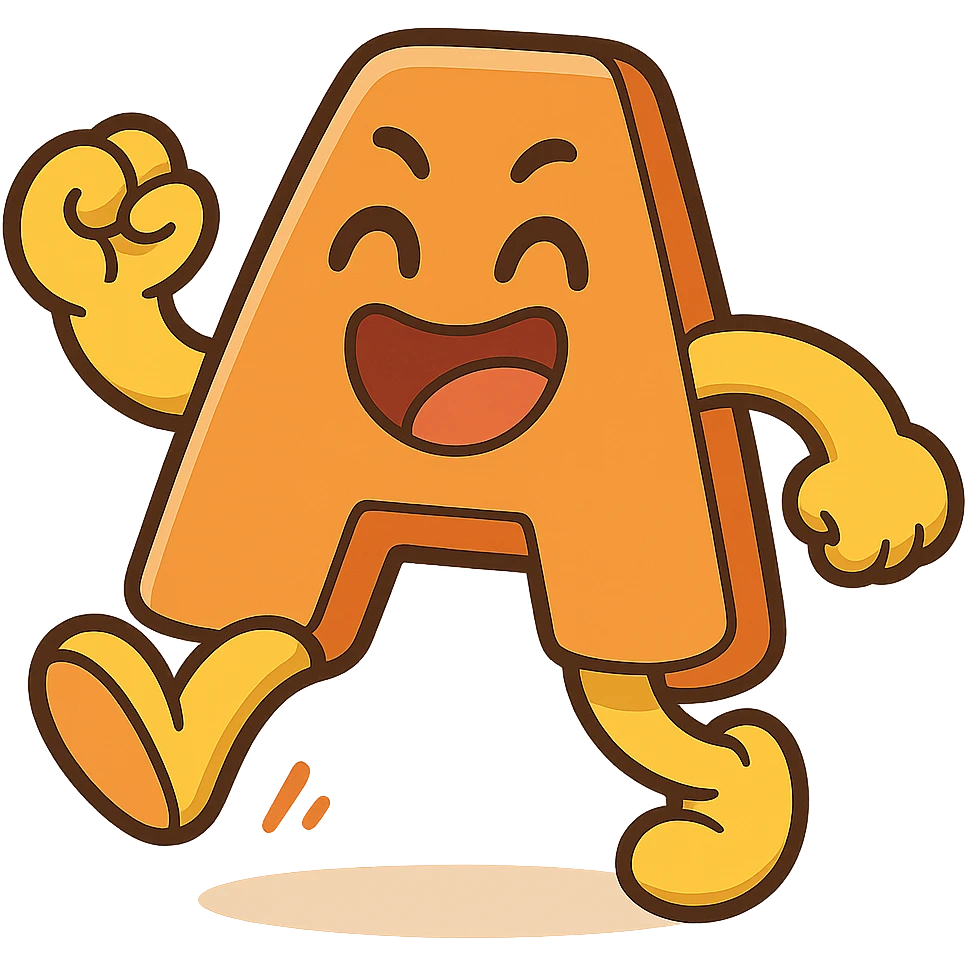 Add a jumping animation to the letter A, preserving the cartoonish style with bright colors and a transparent background. emoji