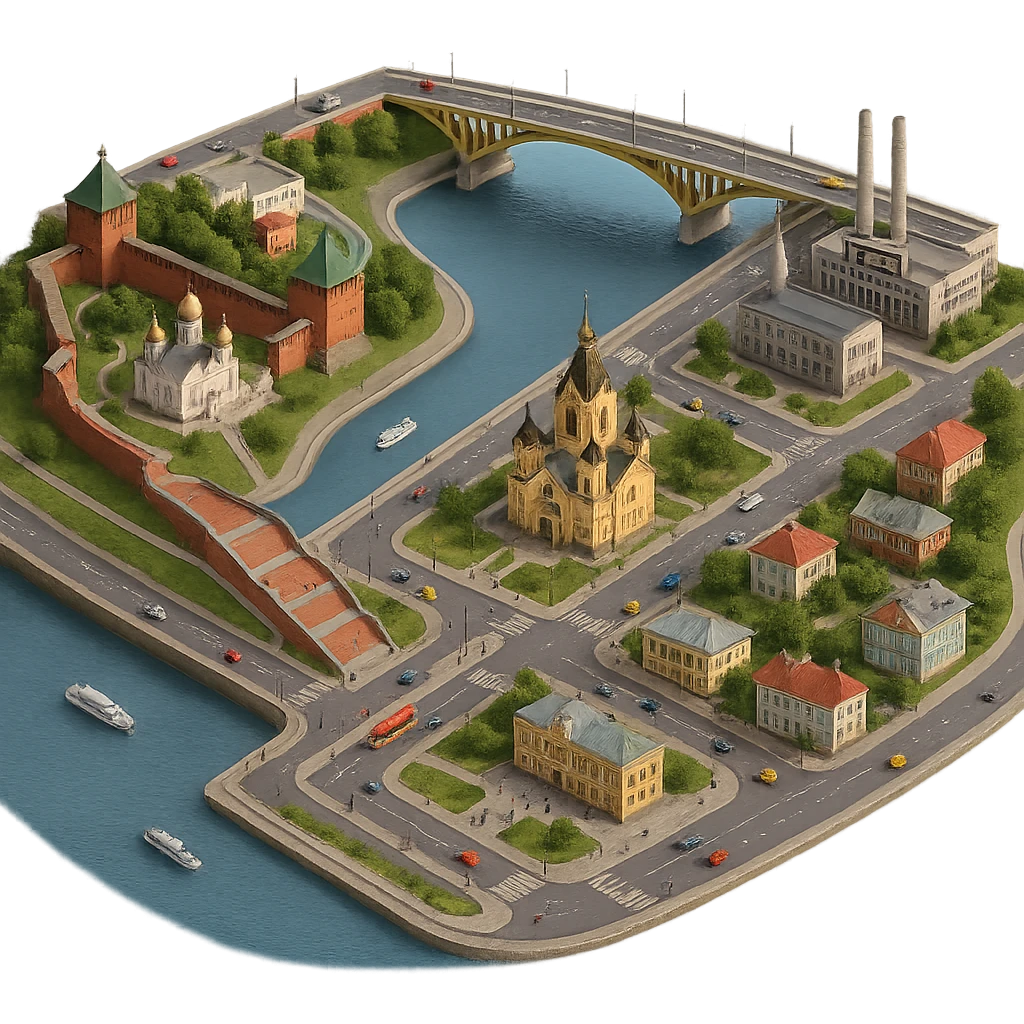 Изометричная миниатюрная фотореалистичная 3D модель панорамы Нижнего Новгорода - Нижегородский Кремль, Стрелка между Окой и Волгой, ГАЗ, Чкаловская лестница, Борский Мост через Волгу, Нижегородская ярмарка, нижегородские дома, автотранспорт четкие линии, яркие цвета, люди, компактная композиция, вид сверху в изометрии, прозрачный фон emoji