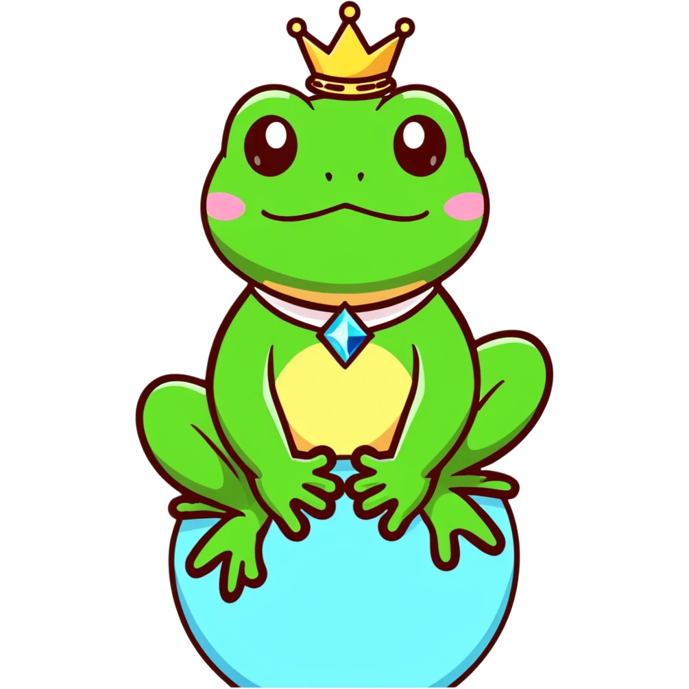 glamorous frog wearing a jeweled choker, sitting on top of the world emoji