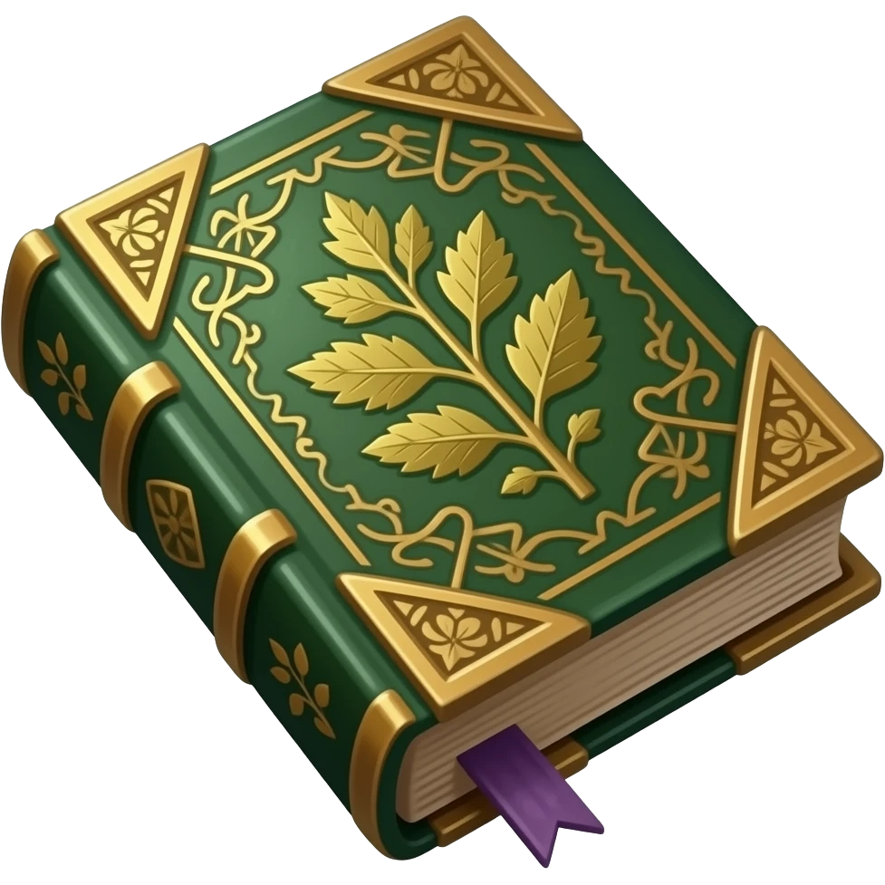 An ornate herb book in deep green leather and warm amber-gold, with embossed botanical motifs, fine vine-like detailing, slightly aged pages, and subtle violet accents, rendered in a sophisticated botanical fantasy style. emoji