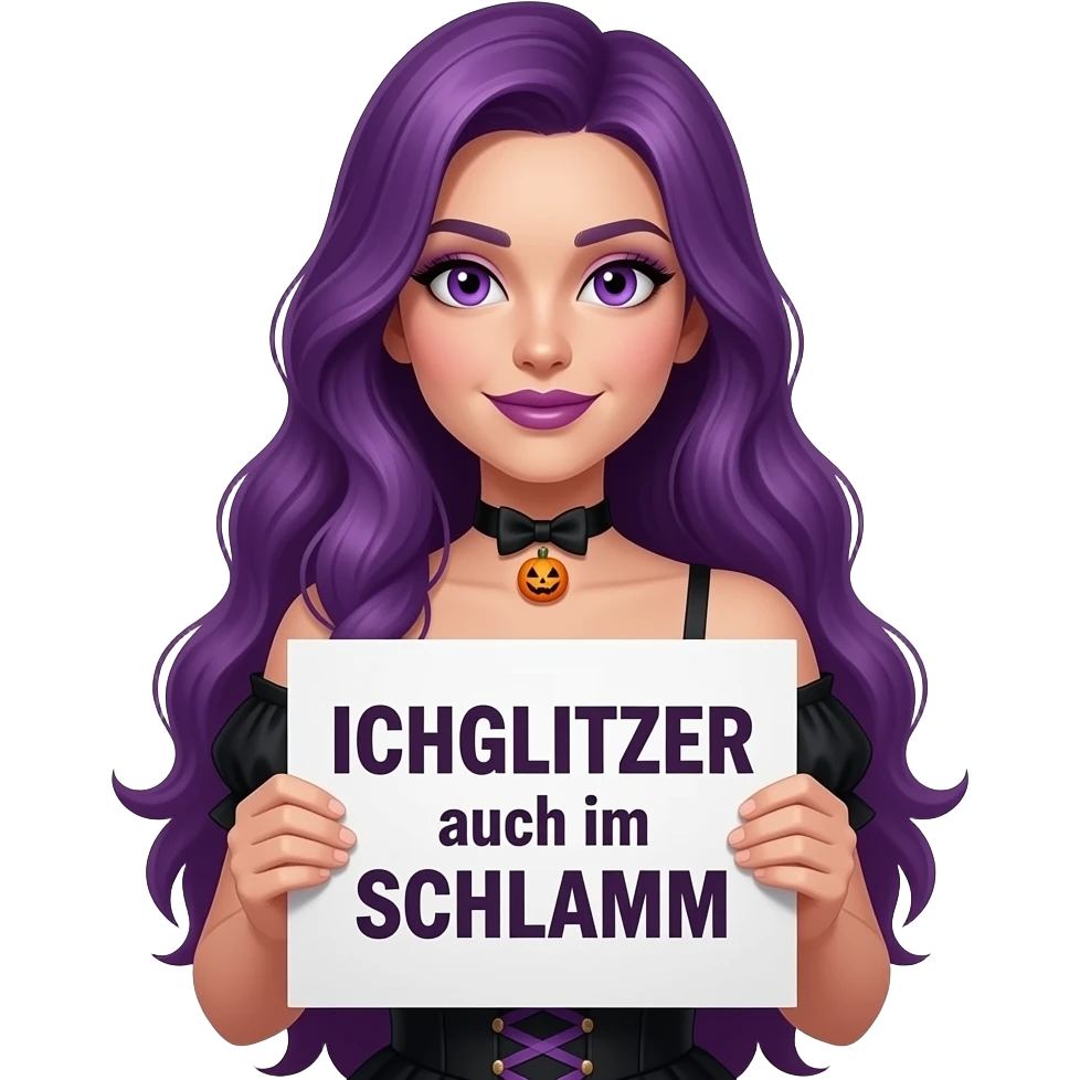 sexy girl with long purple hair and purple eyes wearing a halloween dress holding a ICH GLITZER auch im SCHLAMM sign emoji