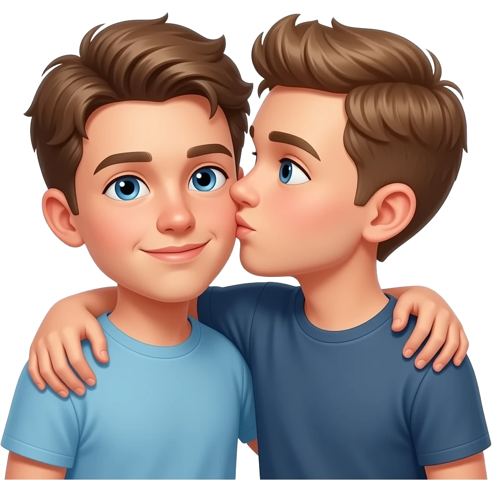 Erstelle ein Emoji von zwei Brüder, der eine um die 19 und der andere um die 23, der älter Bruder legt sein Arm über sein jüngeren Bruder und küsst ihn auf die Wange. Beide haben blaue Augen emoji