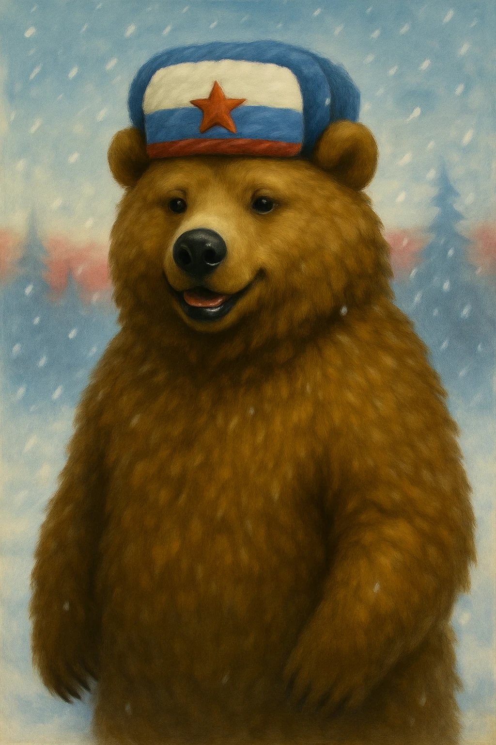 Add Russian flag colors (white, blue, red) to the bear's accessories or background, keeping the classic style and winter theme. Maintain the classic bear style with winter elements and incorporate the flag colors subtly in the accessories or background. emoji