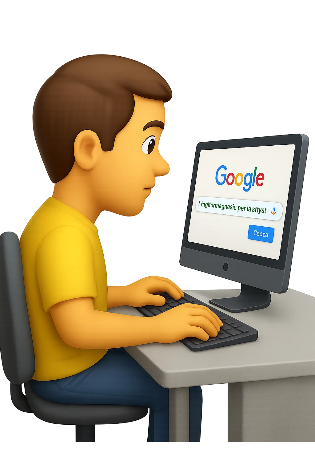 emoji stile iphone di un uomo davanti al pc che cerca di google: "Il miglior magnesio per la stipsi", iperrealistico 4k emoji