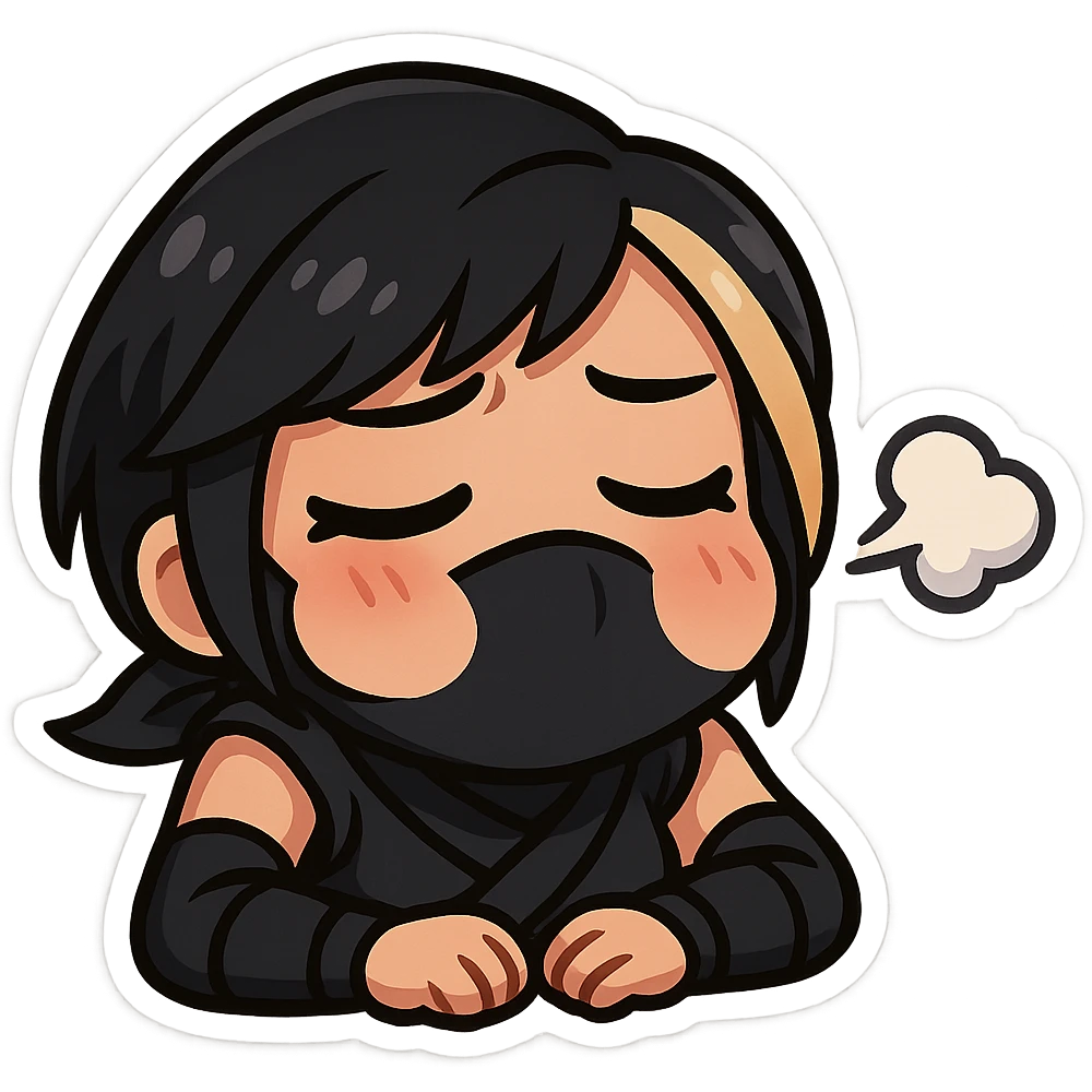 Sexy chibi ninja girl with black short hair and a blonde streak, only head and arms, colorful chibi style with bold outlines, transparent background, no mask, big sigh expression with puffed cheeks and a little sigh cloud, sized for Twitch emoji use. emoji