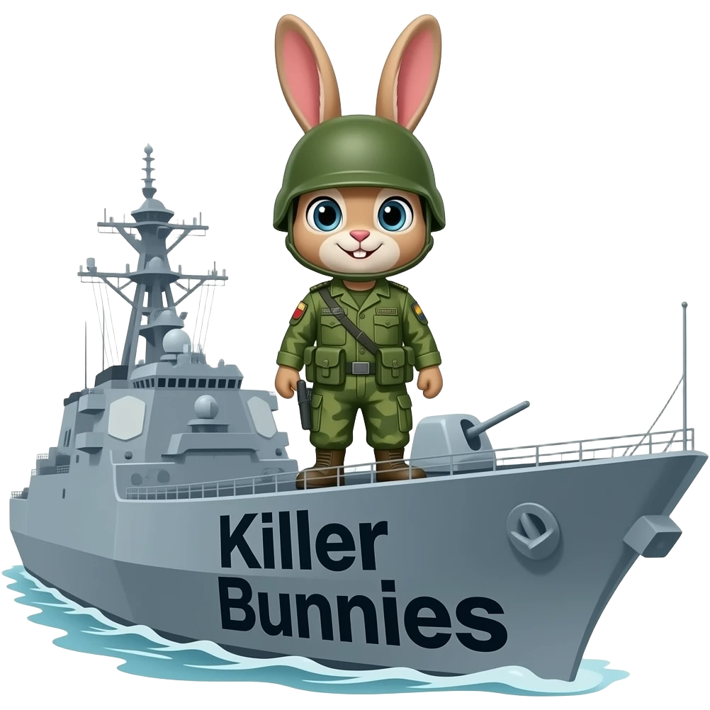 bunny in army fatigues in a war ship text Killer Bunnies on bow emoji