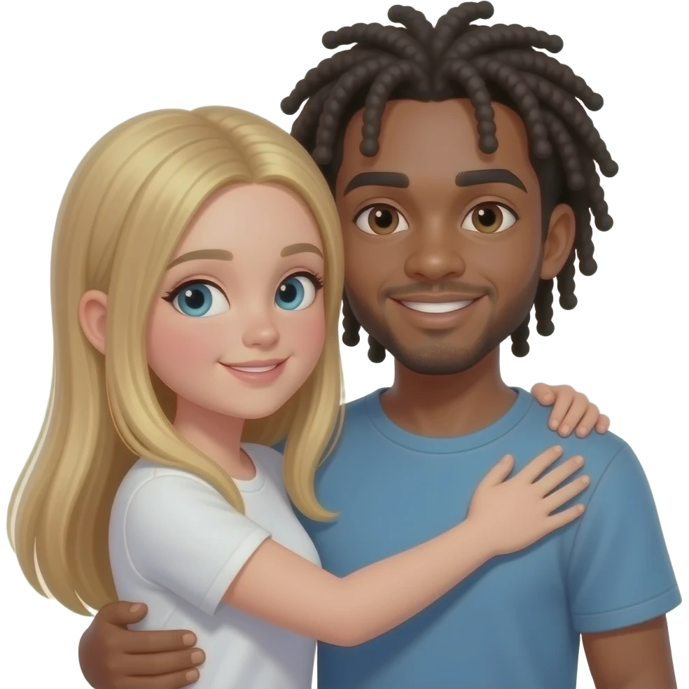 teen white girl with straight blonde hair hugging teen black guy with dreads emoji