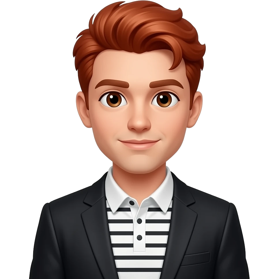 Young Man with red hair into a pompadour, dark brown eyes, black blazer, white and black striped polo shirt without buttons emoji