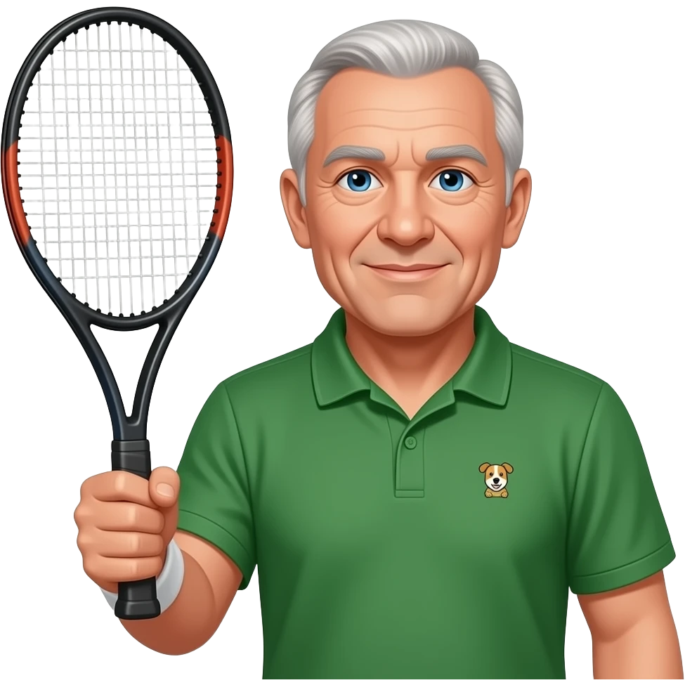older man, no dimples in face, tennis racket in right hand, green bottle polo with small dog logo, blue eyes, little hair all over, dimples emoji