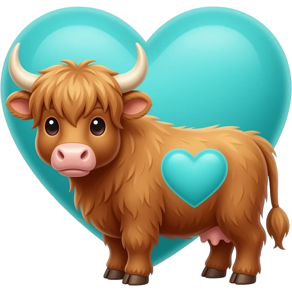 Very tiny  small brown Cute highland cow Big Big teal heart emoji