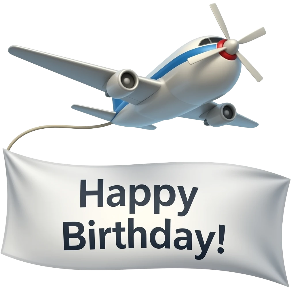 a flying plane pulling a banner on its tail with the words "Happy Birthday!" on it emoji