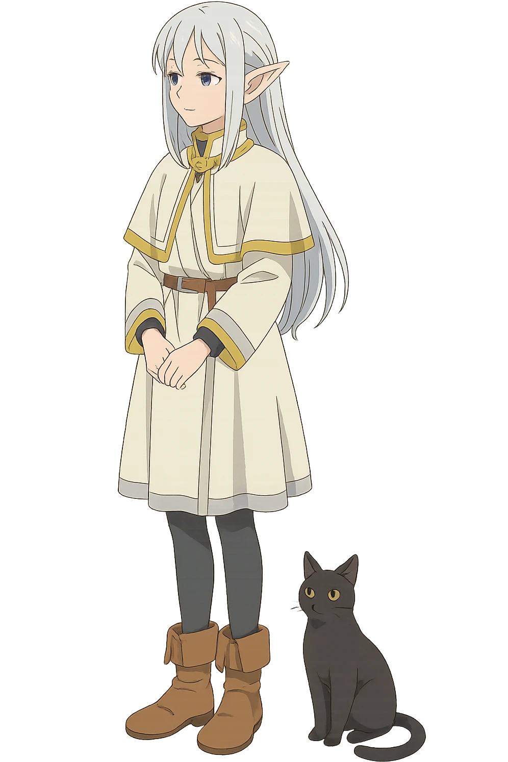 Frieren from Frieren: Beyond Journey's End, standing with a black cat at her feet, anime style, serene mood emoji