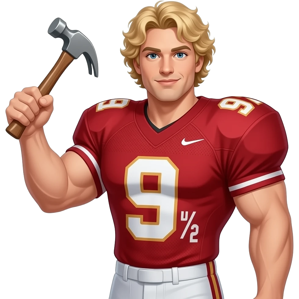 Muscle man with curly blonde hair big boobs holding hammer wearing red football jersey number 9 1/2 emoji