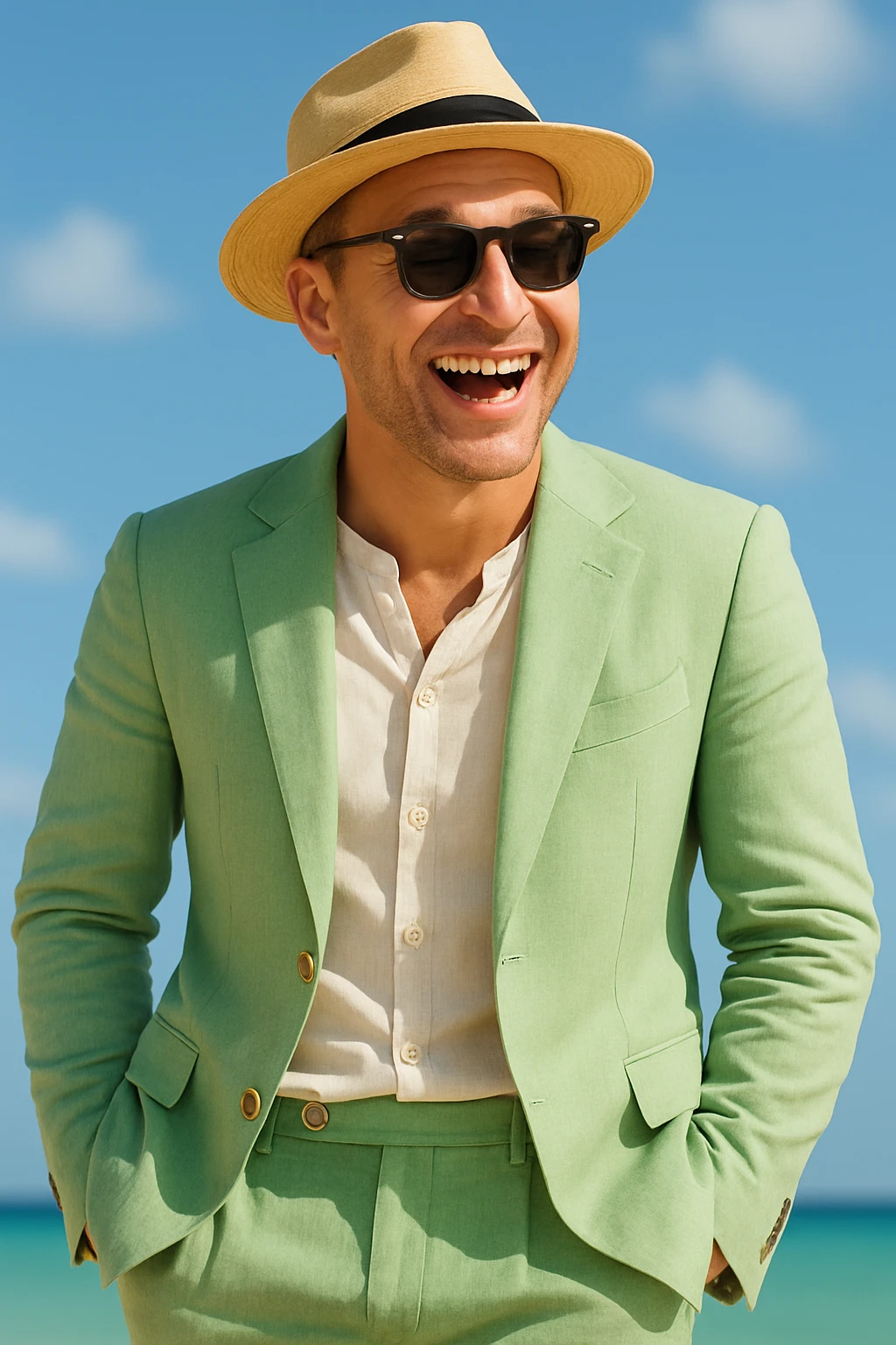 Make the man more animated and Scandinavian with lively expression and Scandinavian features. Keep the light green linen suit, sunglasses, and straw hat. emoji