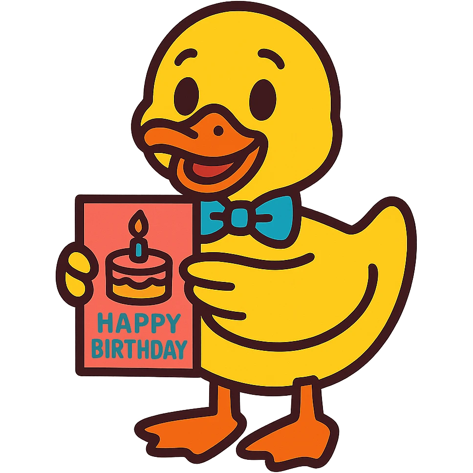duck with bowtie holding birthday card, vibrant-toon style emoji