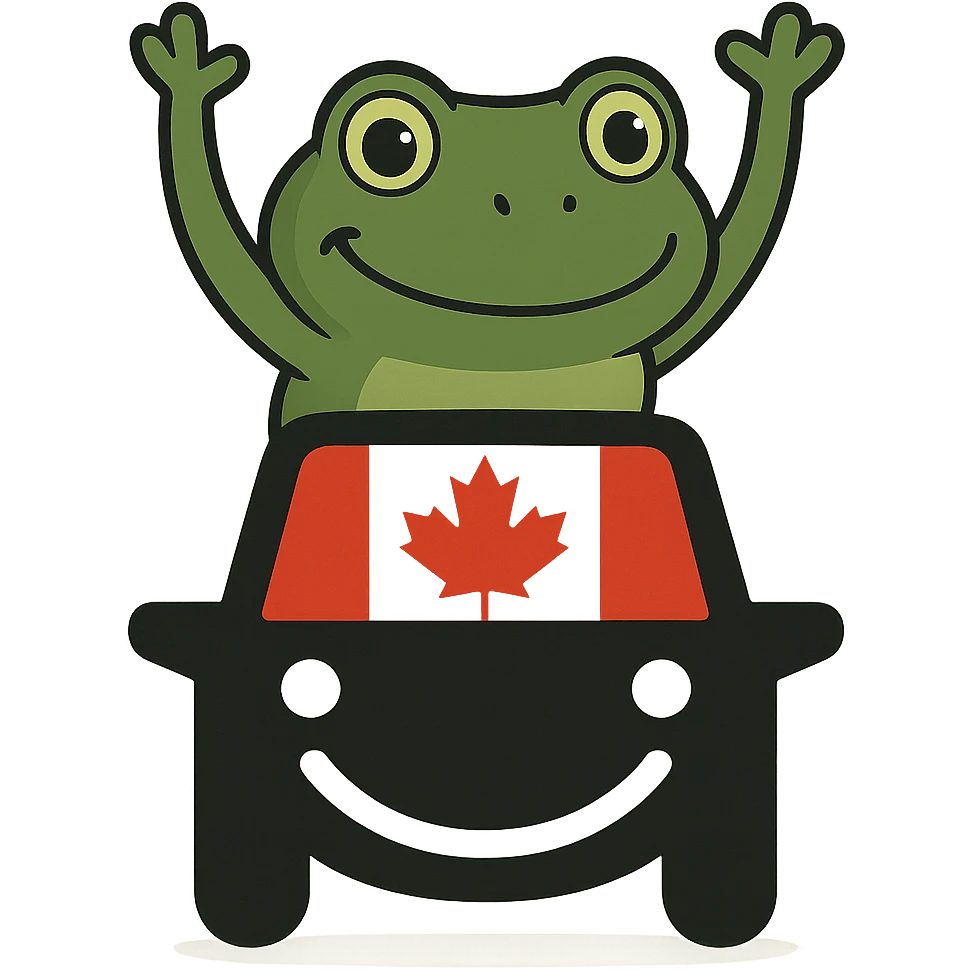Combine the black car with a Canadian flag on the windshield from the first reference image and the green frog with arms raised from the second reference image so that the frog is riding on top of the car. The style should be clean and playful with a transparent background. emoji