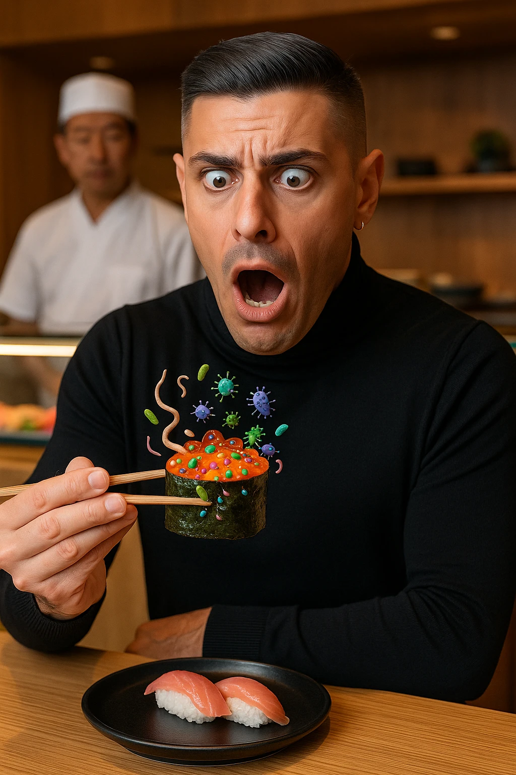 a man sits at a sushi bar, holding his chopsticks above a gunkan of salmon. As he looks closely, he notices visible parasites and bacteria—depicted as small worms and colorful bacterial shapes—on the surface of the sushi. His eyes widen and his mouth opens in shock, clearly alarmed. The background shows the sushi counter and chef, but the focus is on the man’s reaction and the contaminated sushi. emoji