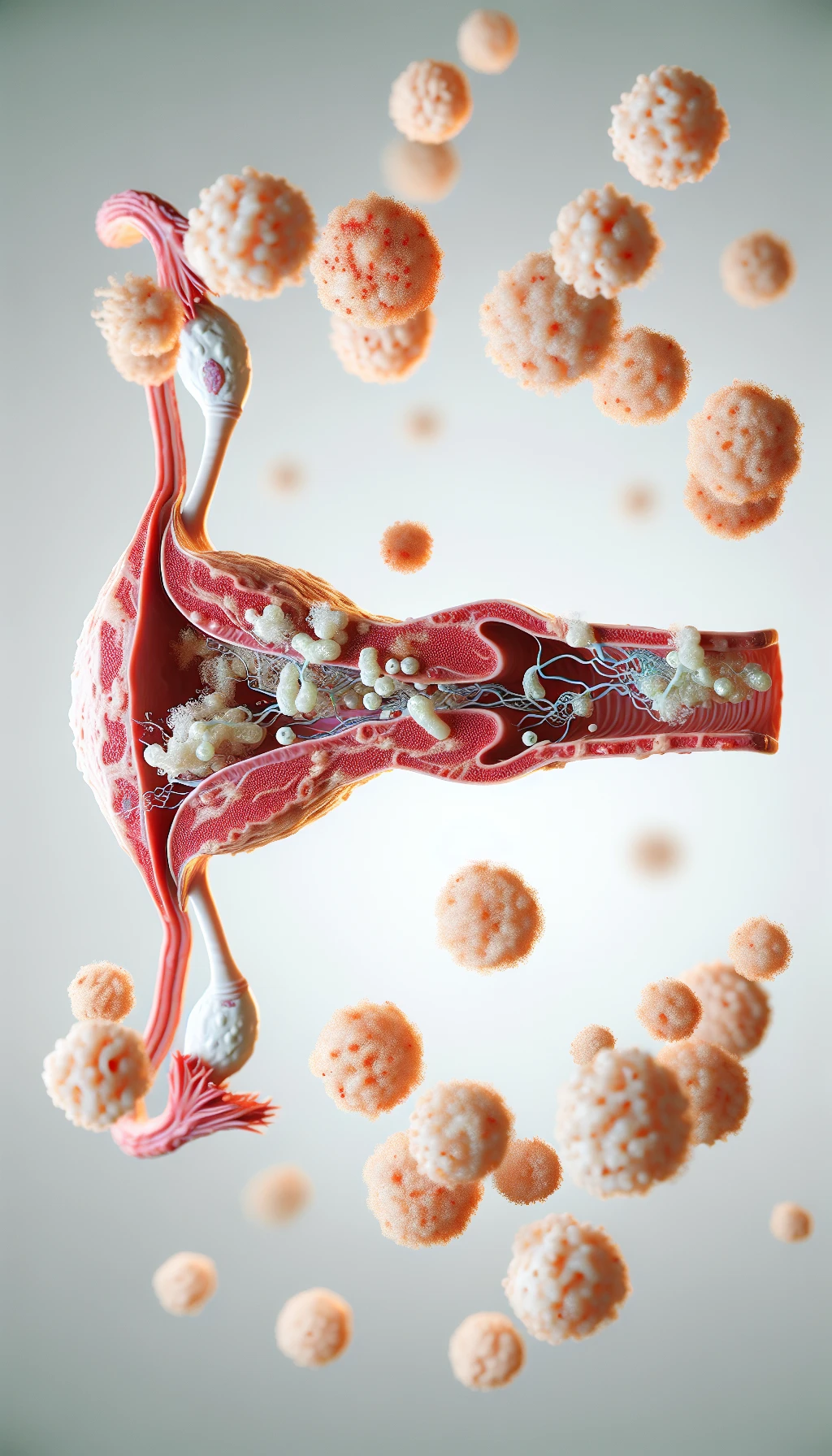 corpo umano anatomico con batteri come la candida nell'utero, sfondo neutro chiaro, iperrealistico 4k emoji