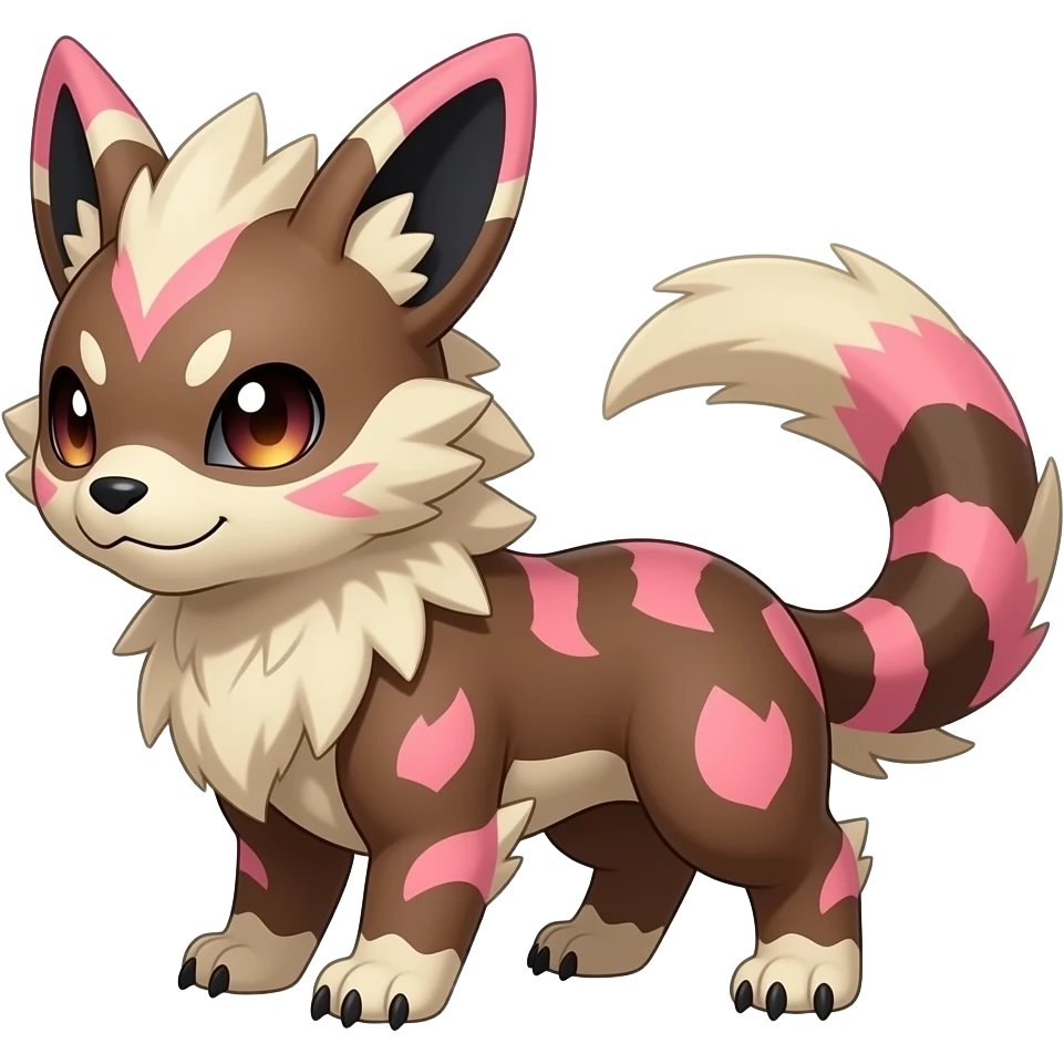 Rare realistic brown-scaled pink, white beige edgy badass epic pretty beautiful handsome gorgeous aesthetic colorful vibrant Vernid-Minccino-Cinccino-Furret-Linoone-Amaura-species-Fakemon-creature by LiLaiRa, random markings, (full body) emoji
