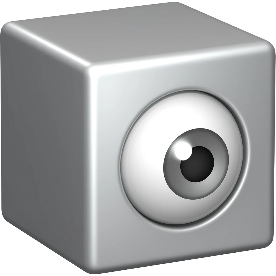 A metal cube with one single eye in the middle of it 3D in the pupil is gray emoji