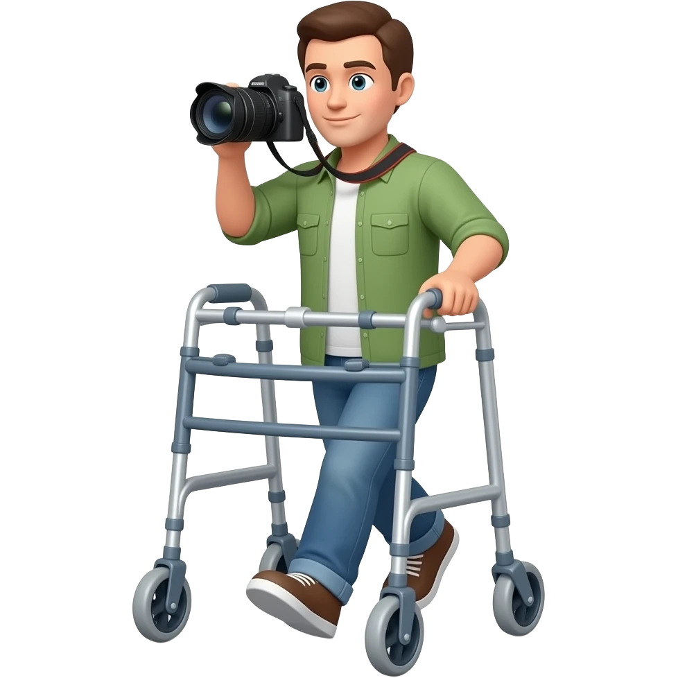 met fotocamera achter rollator lopen emoji