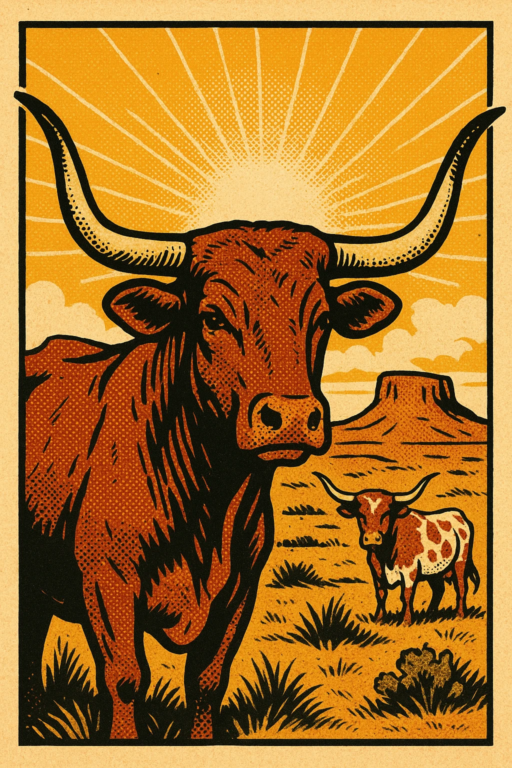 A front view of Texas longhorn cows with the American West in the background emoji