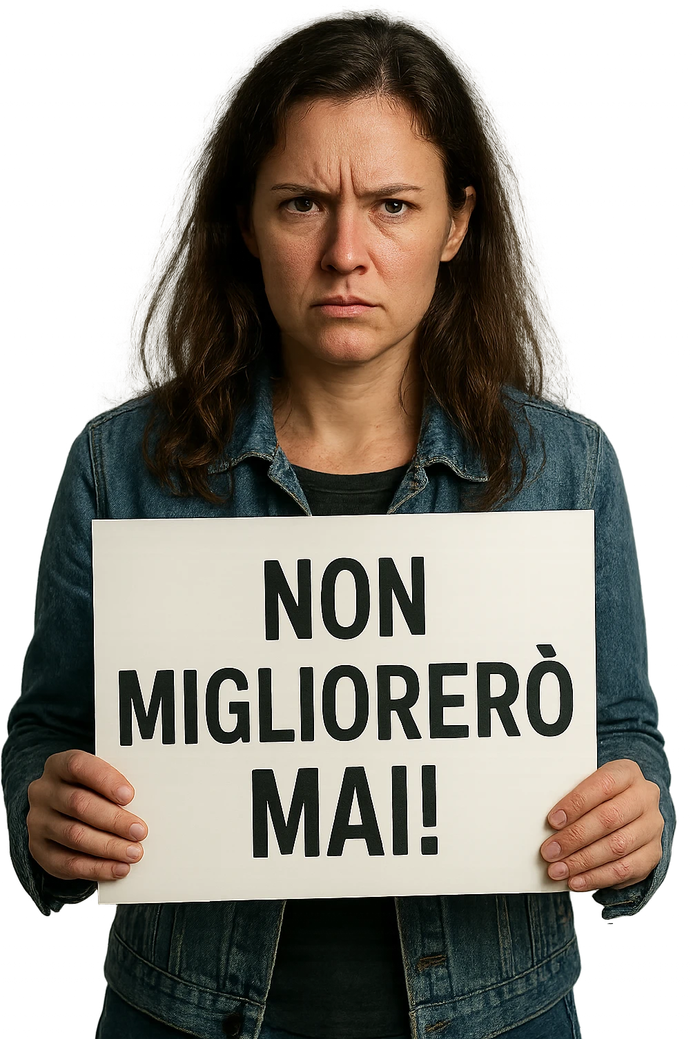 DONNA CHE TIENE UN CARTELLO IN MANO CON LA SCRITTA "NON MIGLIORERò MAI!", iperrealistico 4k emoji