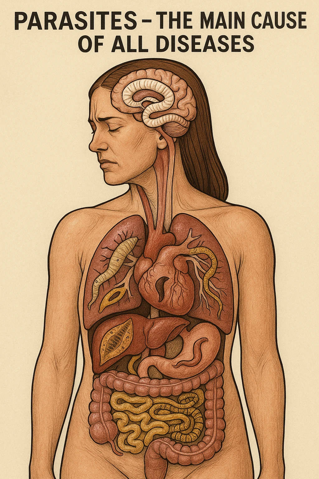 Donna con parassiti nel corpo che è la principale causa di tutte le malattie del corpo umano emoji