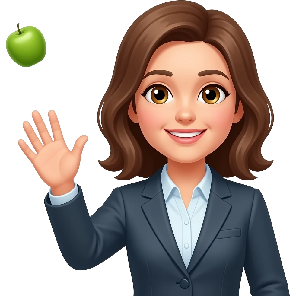 create an image of a woman with shoulder length brown hair and hazel eyes that looks like she's throwing something into the air.  The woman should have clothes that make her look like a teacher. emoji