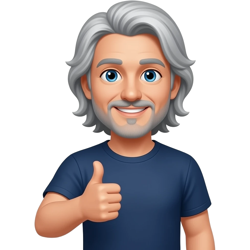 smiling, blue eyes, long gray hair, mustache, goatee, a dark blue T-shirt with thumbs up emoji