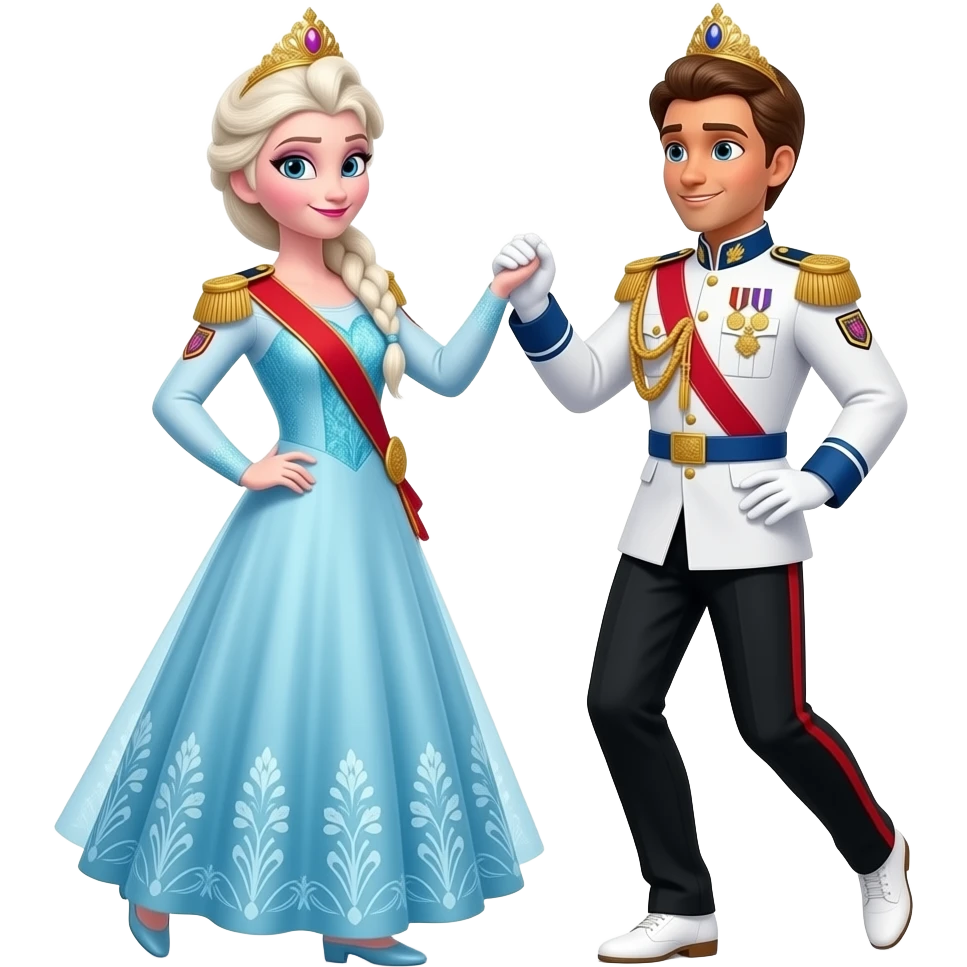 Elsa and Anna arendelle from disney frozen movie are same wearing gold tiara white military tunic arm badge shoulder cord medal red sash blue belt black trouser with both side red stripe white shoes and they both dancing of kadhal kondein tamil Indian flim 2003 emoji