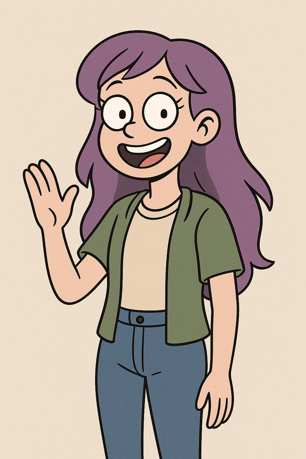 cheerful girl with long purple hair, casual outfit, smiling, modern cartoon style emoji