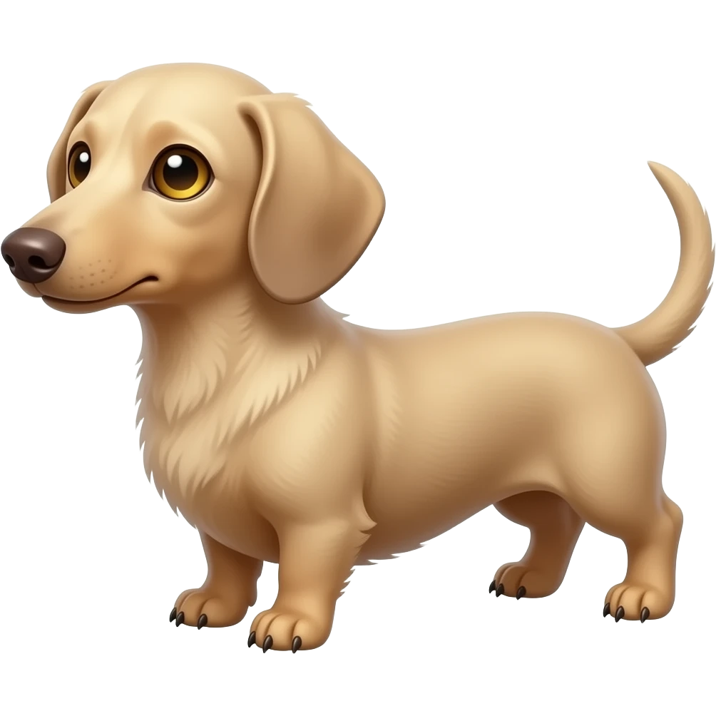 A small and thinnish dachshund with narrow width snout and a cream/blonde colored, short haired coat with gold colored eyes, a pink/light brown colored nose, and tan colored claws emoji