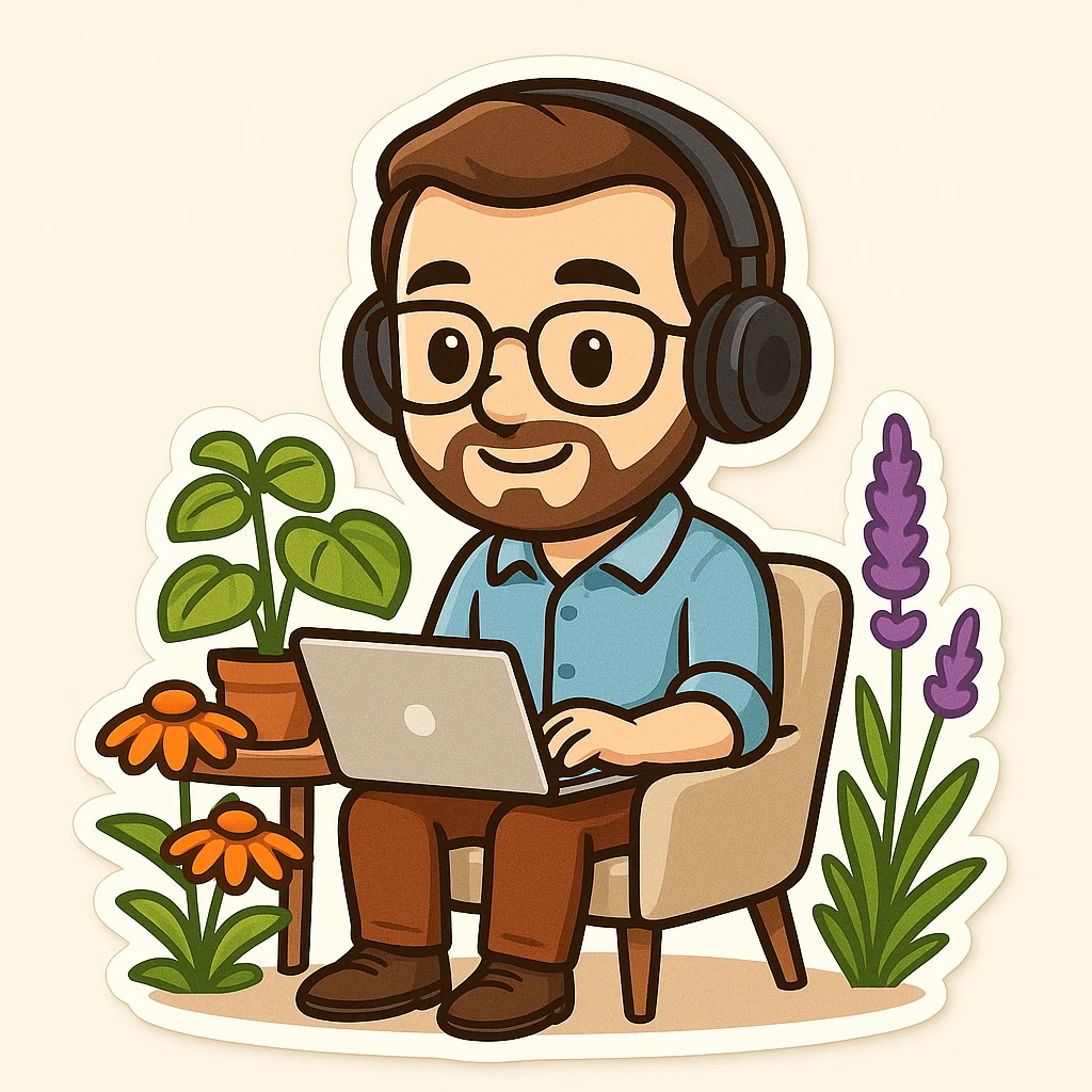 Create an emoji of a person working from home office in the garden, using a laptop and wearing headphones. The emoji should be simplified with clear contours and friendly colors, without any background. Style it as a chibi sticker emoji with a clean and approachable look. emoji