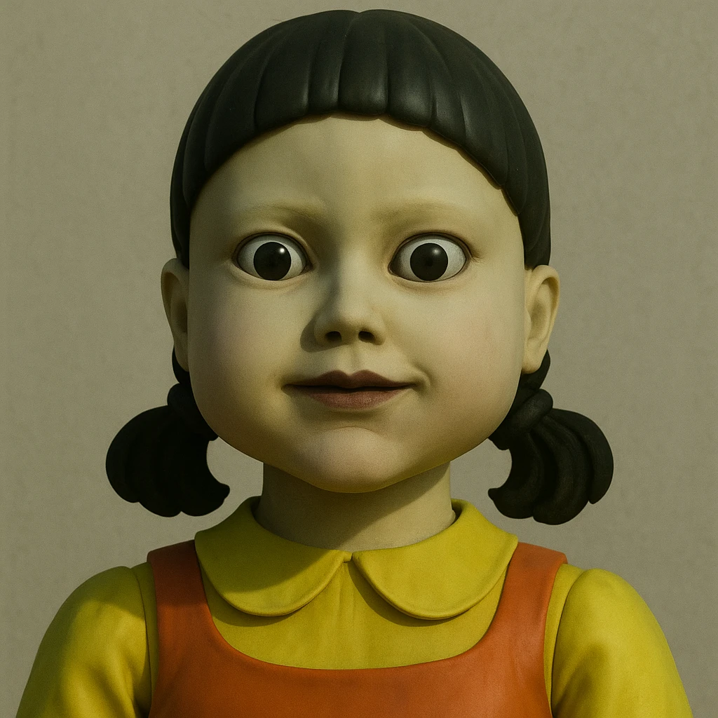 Red Light Green Light doll from Squid Game, close-up face, eerie expression, simple background emoji