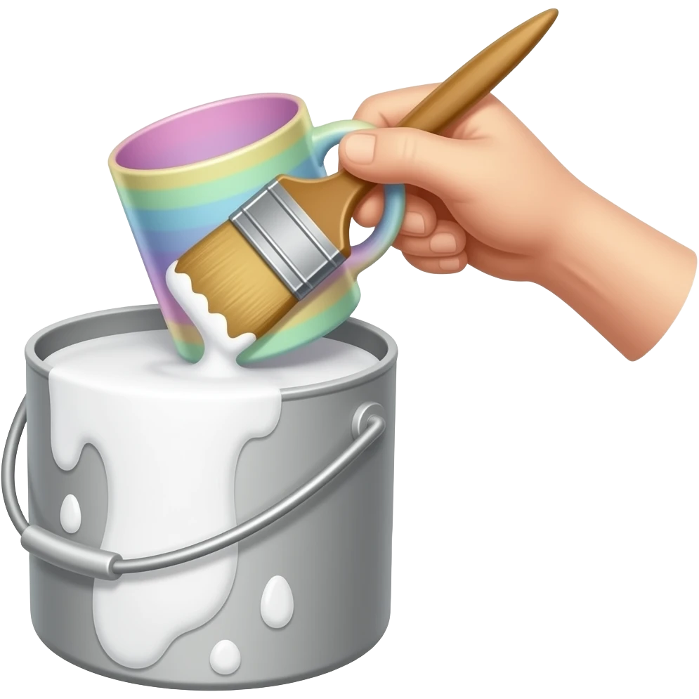 je veux un emoji qui représente l'émaillage d'une pièce céramique qui est peinte avec des couleur pastel. donc une tasse tenu par une pince et qui s'apprete a etre trempé dans un gros pot (type gros pot de peinture, de couleur blanche) emoji