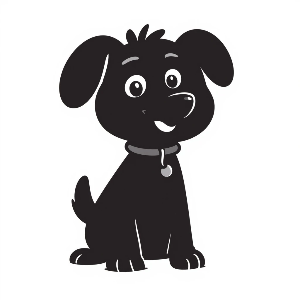 black dog, hand-drawn doodle style, minimal lines, friendly look emoji