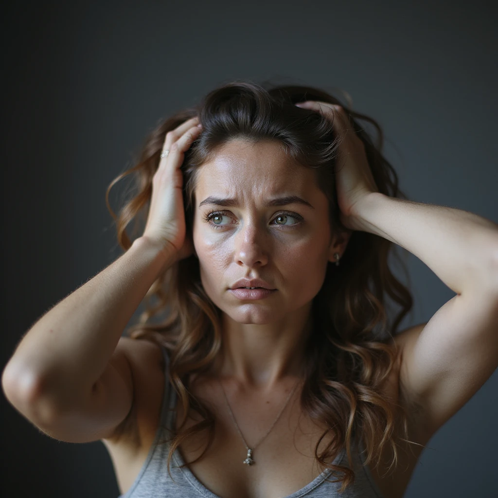 woman with hands in hair, stressed and nervous expression, hyperrealism 4K emoji