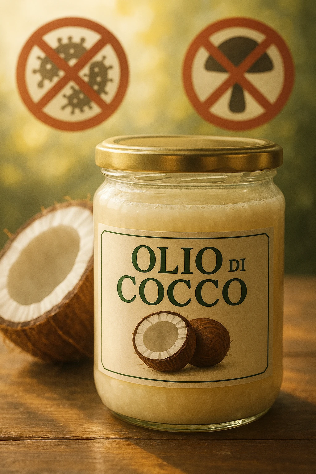 realistic and cinematic illustration of coconut oil in a jar with Italian label, visual symbols of protection against dysbiosis and fungi (stylized bacteria and fungi crossed out), bright atmosphere, vertical 2:3 aspect ratio, no other text. emoji