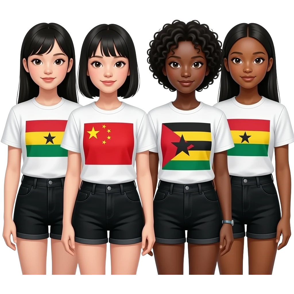 keep the girls the same but put their flags on their shirts and give them all black shorts put a chinese girl and a ghanan girl with them too emoji