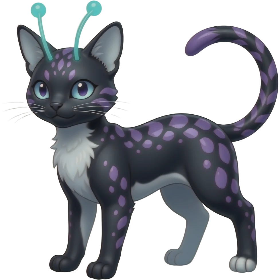Abyssinian dark, scaly furry oil-blackish oily greyish, purplish, whitish abyss-fantasy-Zorua-Sprigatito-Absol-feline-Fakémon-fusion, with thin neon-glowing bulb-antennae-whiskers, full body emoji