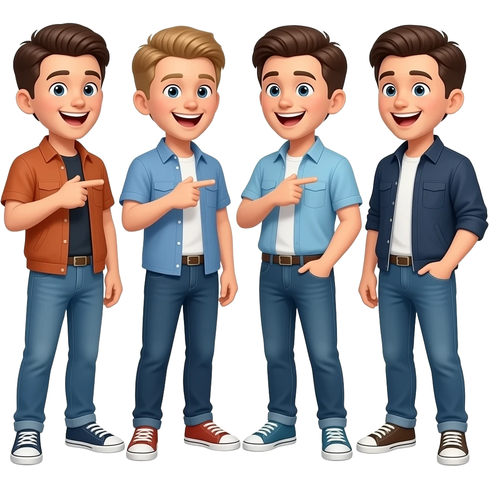 Hazme unos 4 chicos burlandose i riendose que sea muy exagerado de alguien i aseñalandolo para delante, que se les vea todo el cuerpo i que sean niños guapos i uno que tenga un peinado de chulito emoji