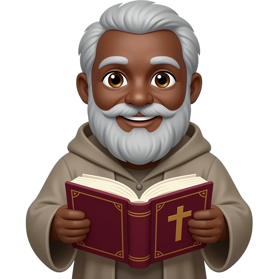 wise old man slight smile with grey hair robe slight brown eyes white beard black skin warm holding open burgundy book that has a cross on it emoji