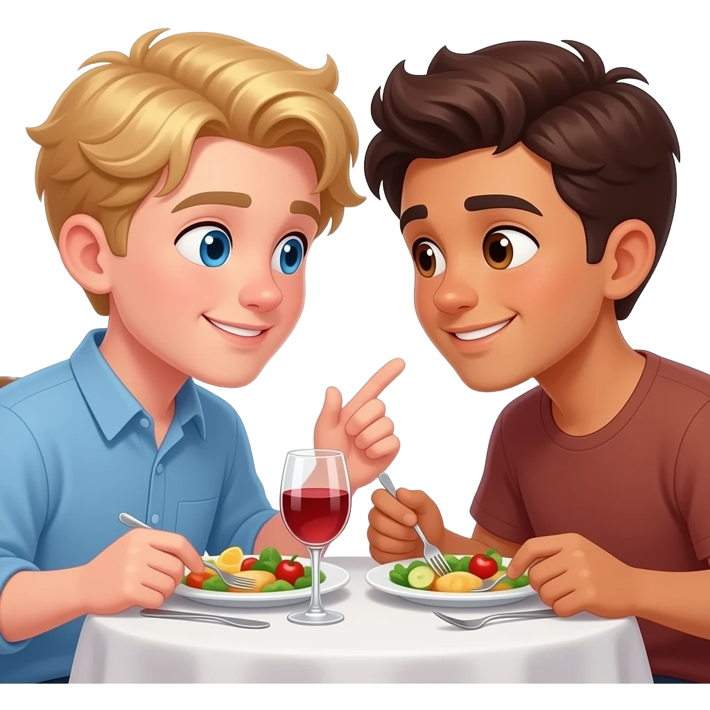 Make a young gay male teen couple on a Date , one has light Skin with Blond Hair and Blue Eyes, the other one has slightly brown skin witz dark Brown Hair and Brown Eyes. They are on a date having dinner. They look at each other in love. emoji