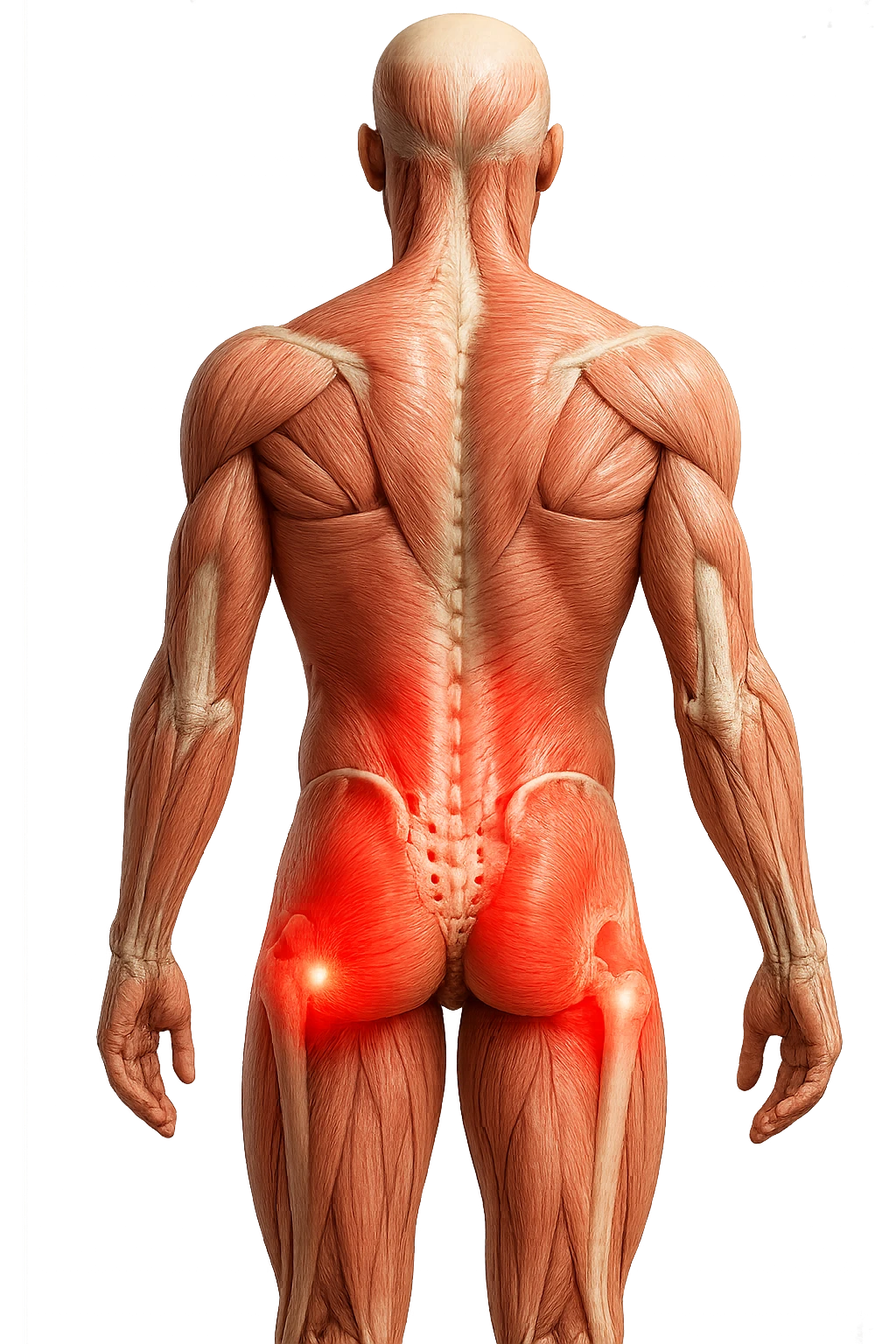 CORPO UMANO ANATOMICO REALISTICO DI SPALLE CON DOLORE ALLA LOMBARE INFIAMMATA, DOLORE ALL'ANCA, IPERREALISTICO 4K emoji