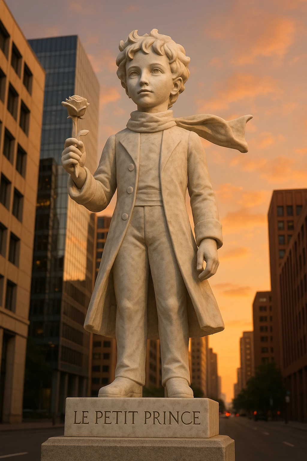 Full-length marble sculpture of the Little Prince holding a rose, set in a modern city. The pedestal is engraved with [TEXT]. Ultra-realistic, sunset, view from below. emoji